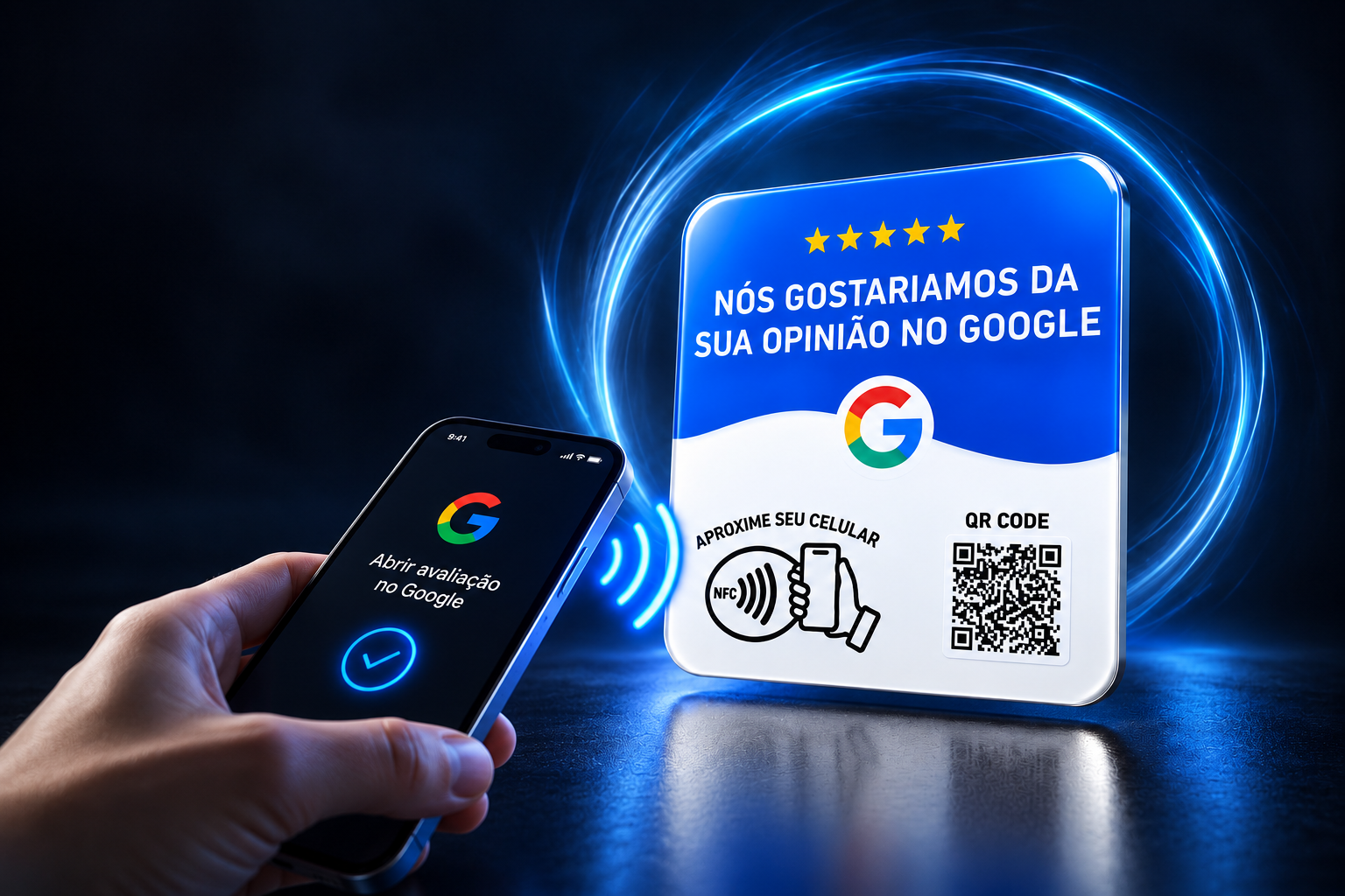 Cliente aproximando o celular da placa POG REVIEW no balcão