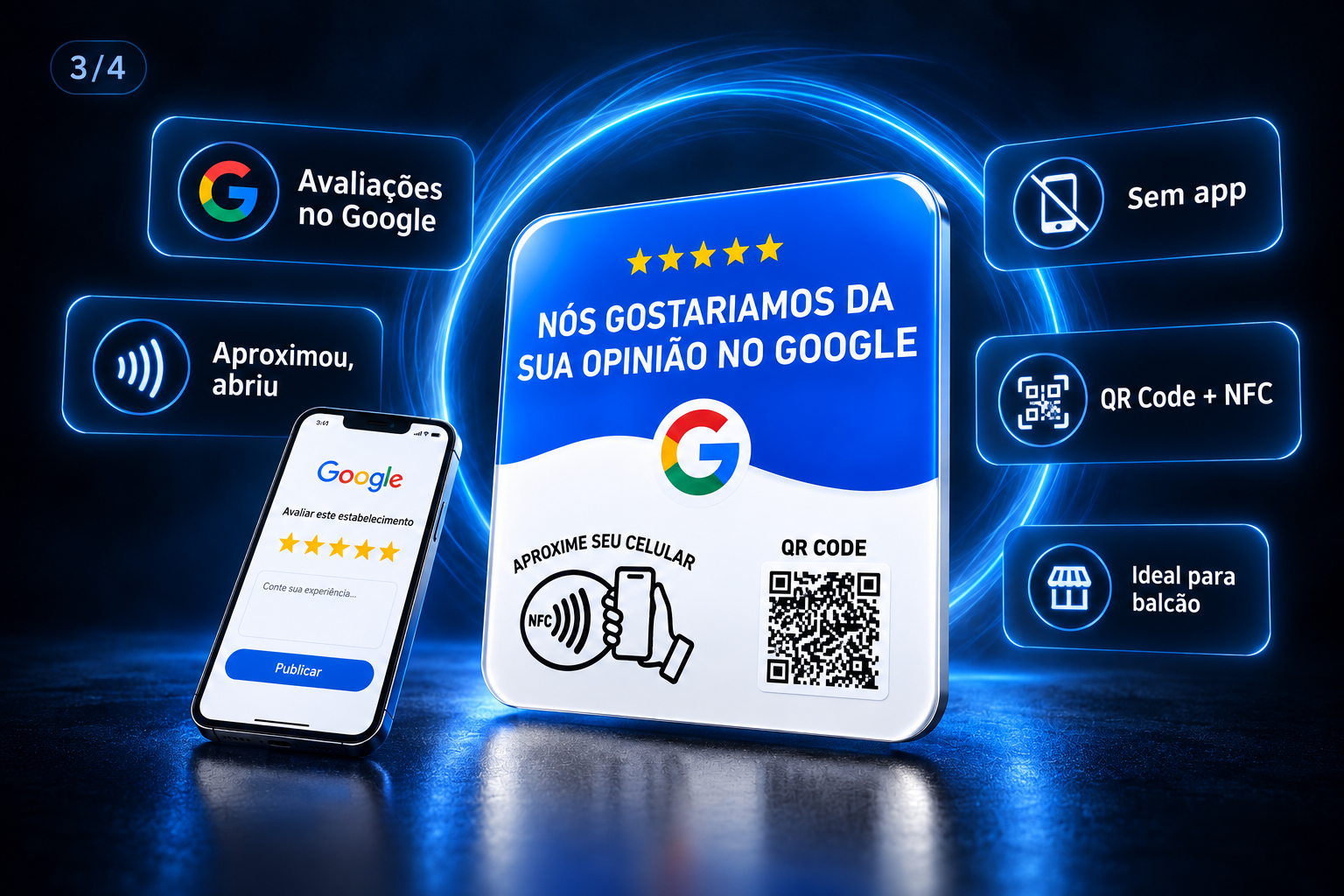 Placa POG REVIEW com NFC, QR Code e benefícios de uso